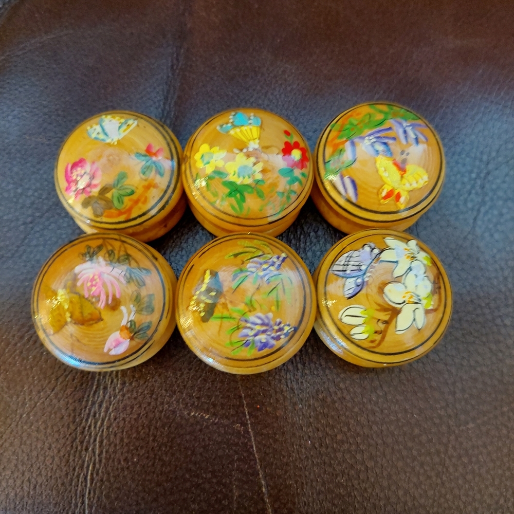Jewelry Trinket Wood Box Jar Dish Handpainted Butterflies Floral Tiny Storage